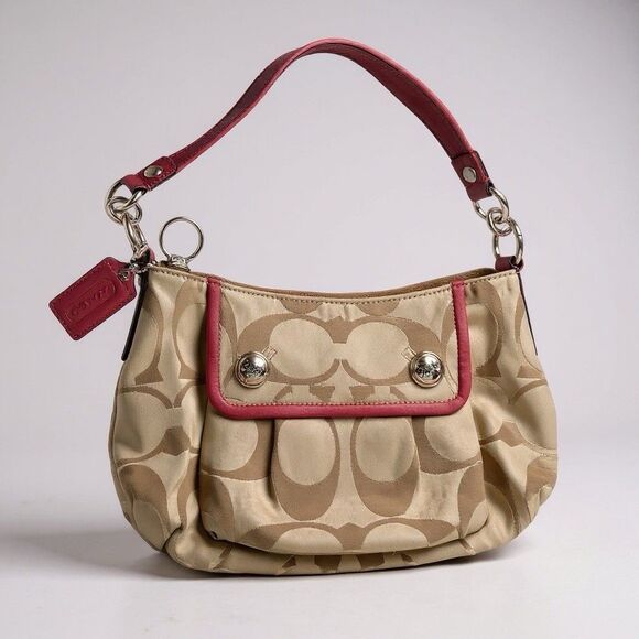 Y2K Coach Signature Shoulder Bag 13833 Tan "C" Canvas Red Leather Trim Hobo Logo - Picture 1 of 13